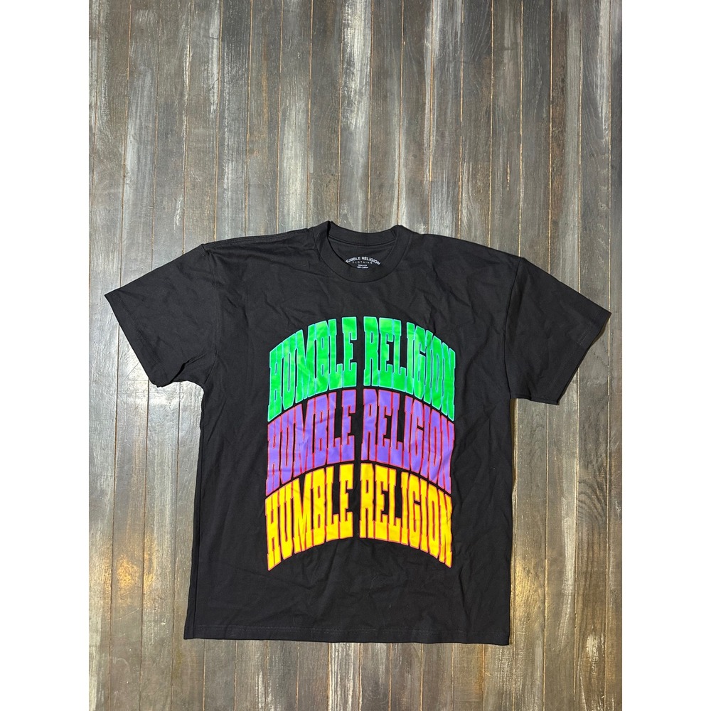 Humble Religion Clothing Mens Black Graphic T-Shirt‎ Large Green Purple Yellow